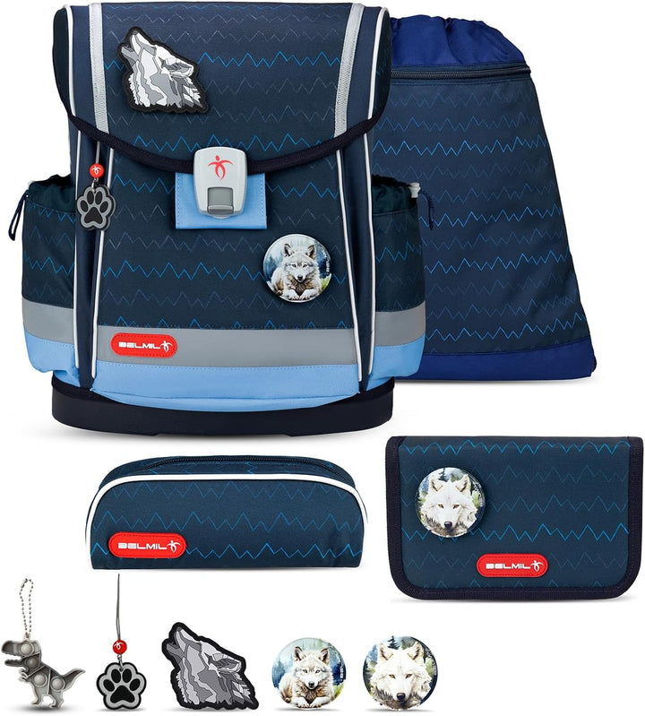 Belmil Classy Plus Schulranzen Set 6-teilig mit extra Schlüsselanhänger (405-78AG/S/K) (Wolves), Wol