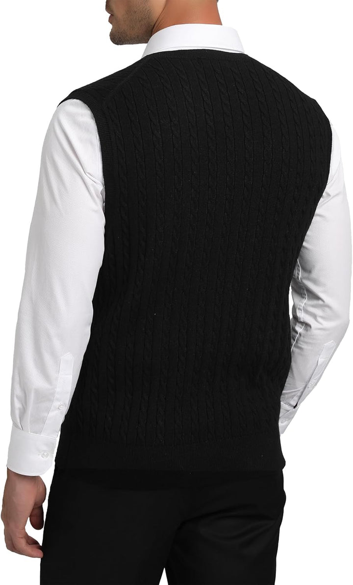 Kallspin Herren Strickweste Pulunder Ärmellos Zopfstrick V-Ausschnitt aus Wollmischung S Schwarz, S