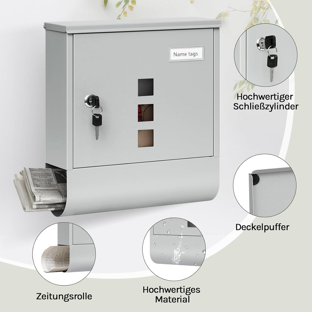 WOLTU Briefkasten Postkasten mit Zeitungsfach Sichtfenstern Namensschild, Wandbriefkasten abschliess