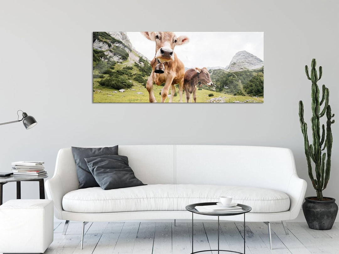 Glasbild Panorama | Wandbild aus Echtglas | Almkuh auf der Weide | 100x40 cm | inkl. Aufhängung und