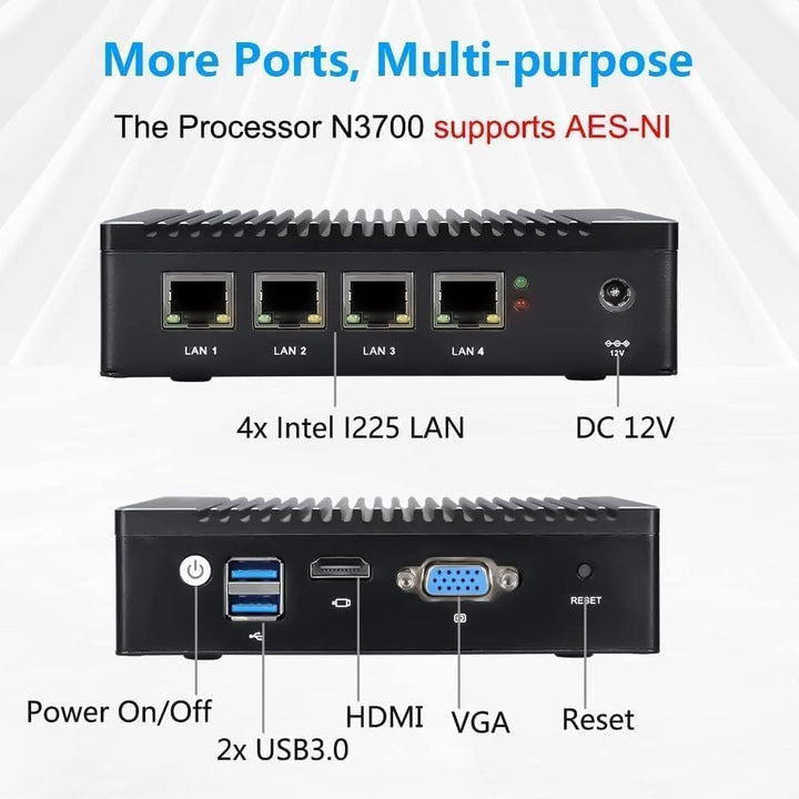 Sharevdi Lüfterloser Firewall Micro Appliance,Intel N3700 4 Cores/4 Threads, 4 Intel 2.5 GbE i225 Gi