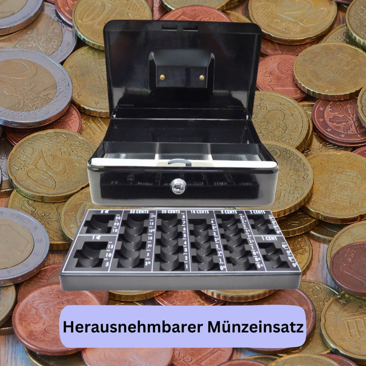 Geldkassette aus Metall - Schwarz mit Münzeinsatz - 250 x 180 x 90 mm, Schwarz