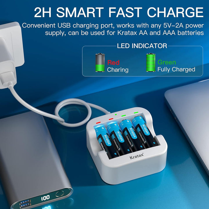 Kratax Wiederaufladbare 1,5V AA Akku Lithium, 3500mWh mit 1600 Zyklen, 1,5 Volt Konstante Ausgabe, 4
