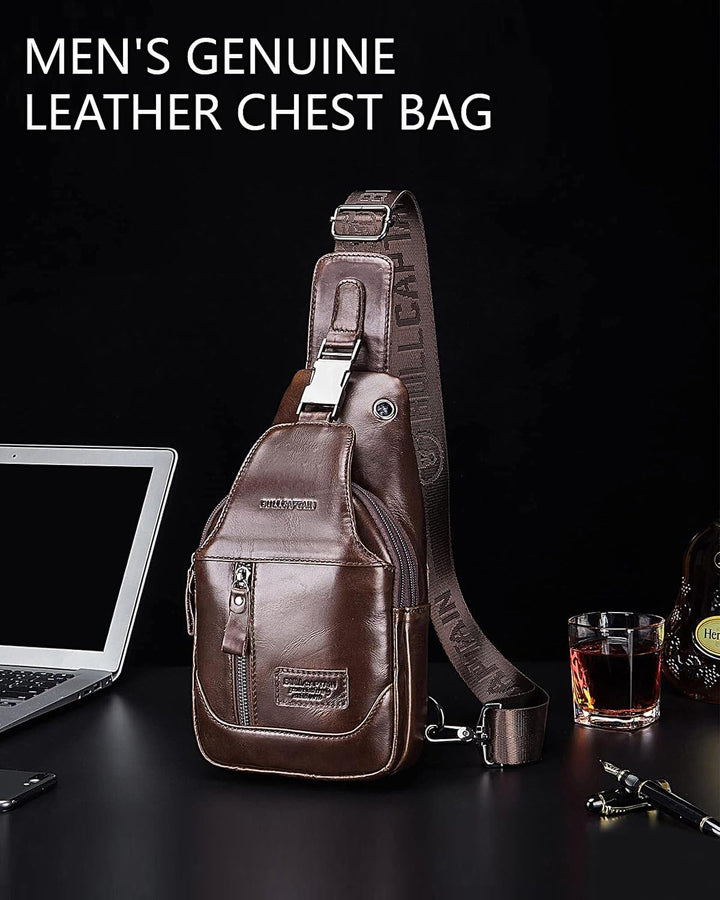 LOONGYOON Herrenbrusttasche aus Leder Umhängetasche mit Kopfhöreröffnung Studie über Sportreisen Mul