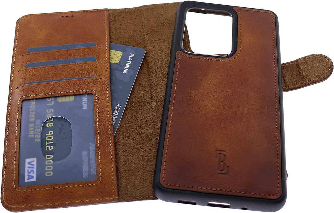 Burkley 2-in-1 Leder Handytasche für Samsung Galaxy S20 Ultra - Abnehmbares Back Cover, 360° Schutz,