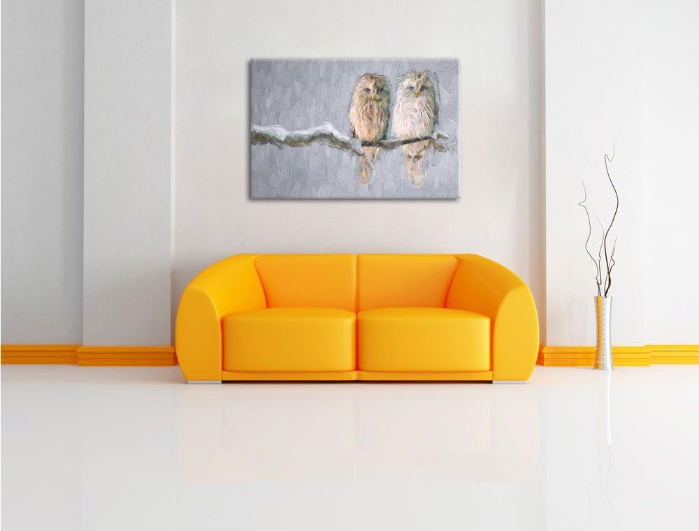 Pixxprint Zwei Eulen in Winterlandschaft Kunst Pinsel Effekt, Format: 100x70 auf Leinwand, 100x70