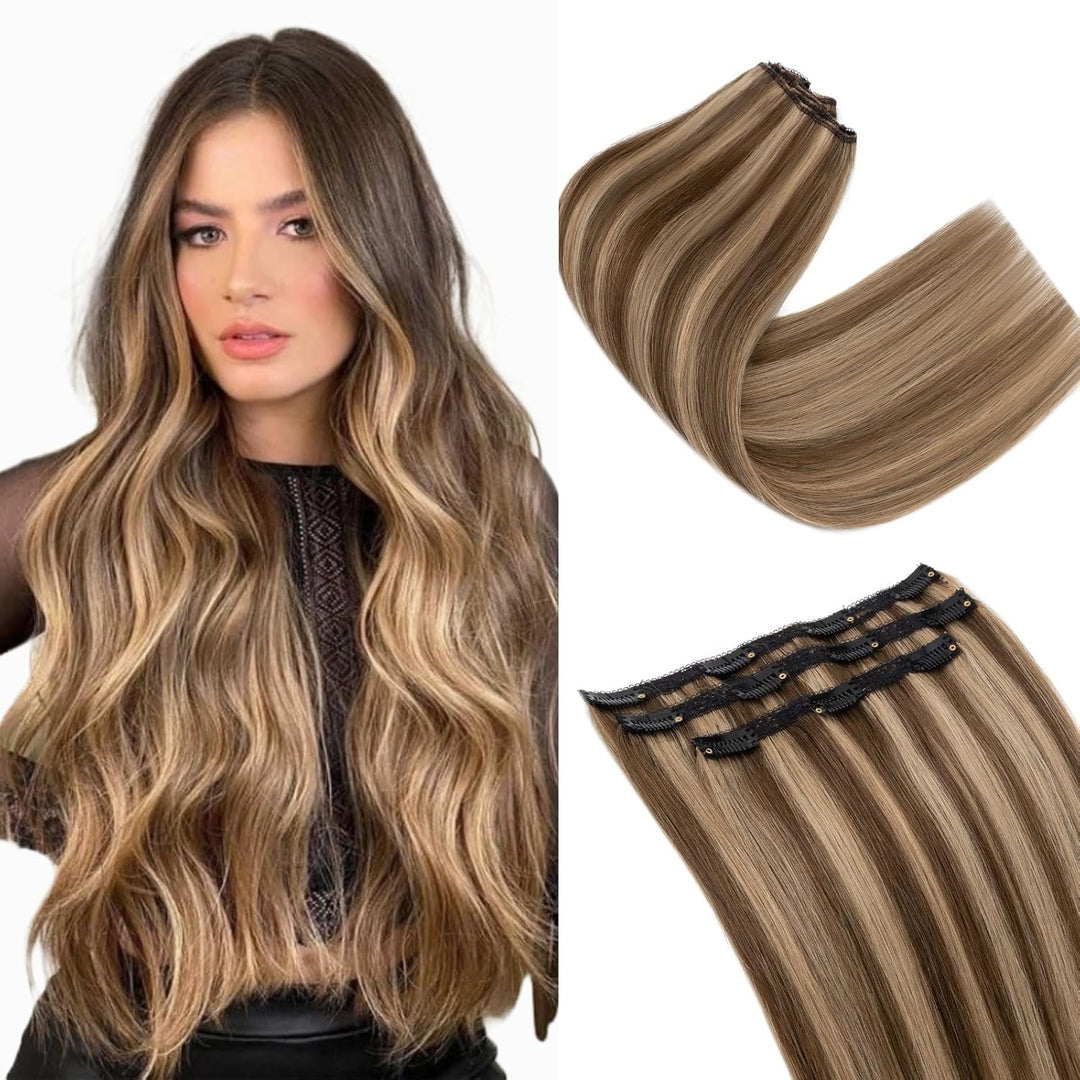 S-noilite Clip in Extensions Echthaar Schokoladenbraun/Dunkelblond 25cm 56g Extensions Clip in Echth