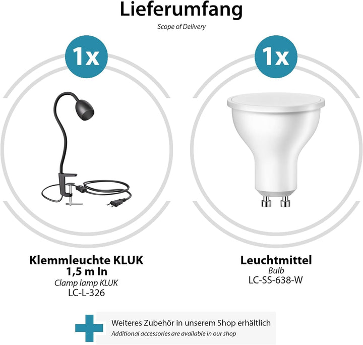 ledscom.de GU10 Klemmlampe KLUK mit Schwanenhals, schwarz inkl. GU10, 3-Stufen-dimmbar, weiss, W, 2