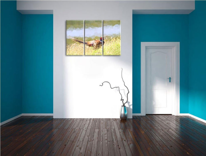 farbenprächtiger Fasan auf Frühlingswiese NewArt 3-Teiler Leinwandbild 120x80 Bild auf Leinwand, XXL
