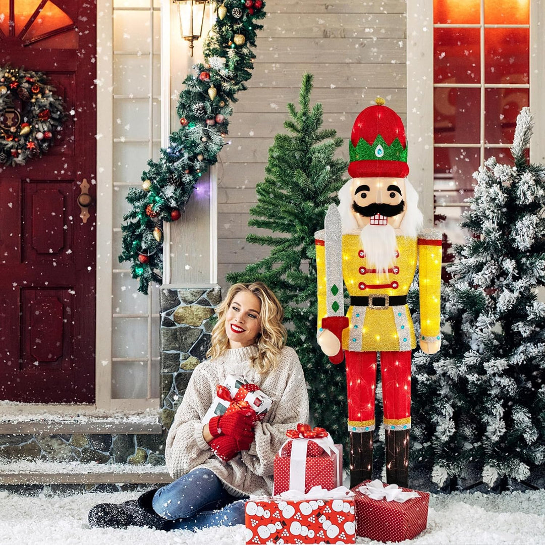 COSTWAY Weihnachten Nussknacker Figur gross, beleuchtete Weihnachtsdeko XXL, Weihnachtsfigur mit Met