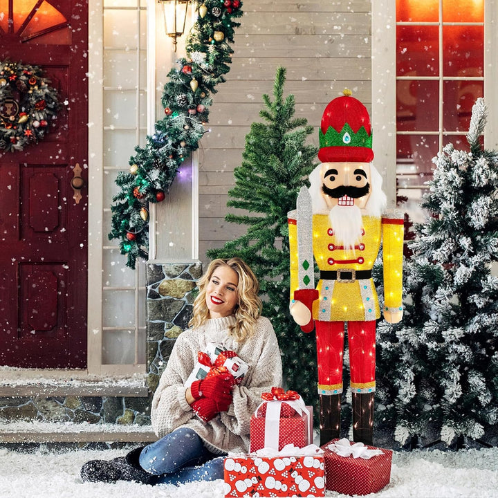 COSTWAY Weihnachten Nussknacker Figur gross, beleuchtete Weihnachtsdeko XXL, Weihnachtsfigur mit Met