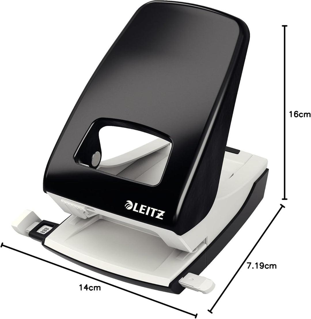 Leitz Starker Büro Locher aus Metall, Für 40 Blatt, Anschlagschiene mit Formatangaben, Ergonomisches