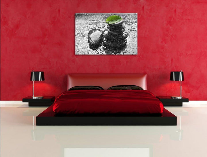 Pixxprint Zensteinturm im Regen als Leinwandbild/Grösse: 100x70 cm/Wandbild/Kunstdruck/fertig bespan