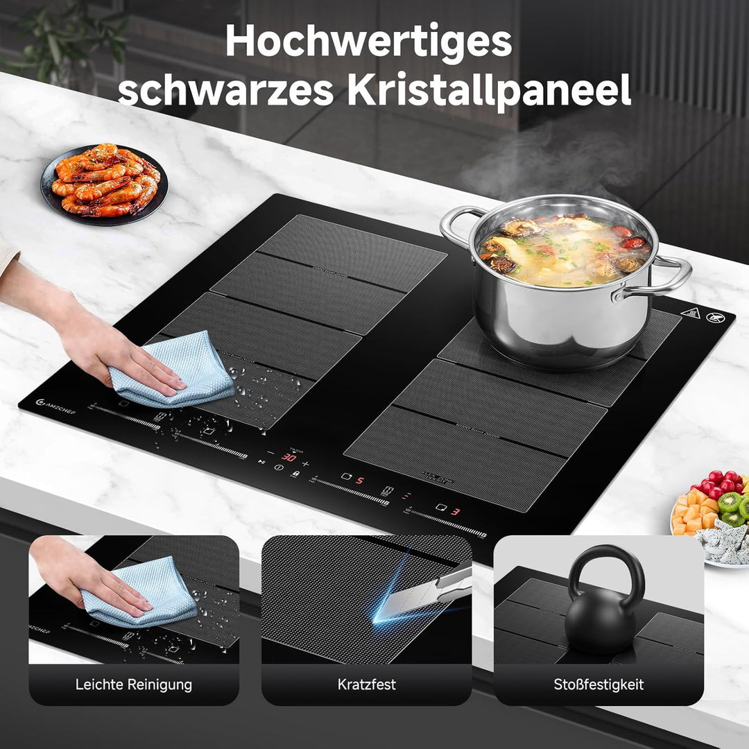 AMZCHEF Induktionskochfeld 60cm mit 2 Flexzonen, 4 Zonen Induktionskochplatte mit leisem Betrieb, 9
