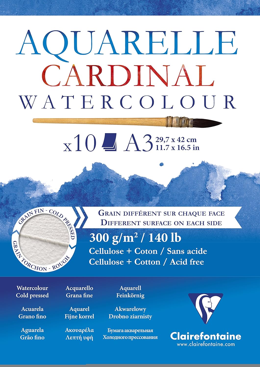 Clairefontaine 96184C Cardinal Aquarellblock (DIN A3, 29,7 x 42 cm, 300 g, kopseitig verleimt, 10 Bl