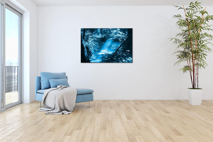 deyoli kleiner Bach im Wald Format 80x60 Effekt: Monocrome Blau als Leinwandbild, Motiv fertig gerah