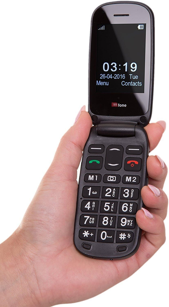 TTfone Lunar grosse Tasten unkompliziert Simlock-frei Klapp-Design Mobiltelefon (Schwarz) Black, Bla