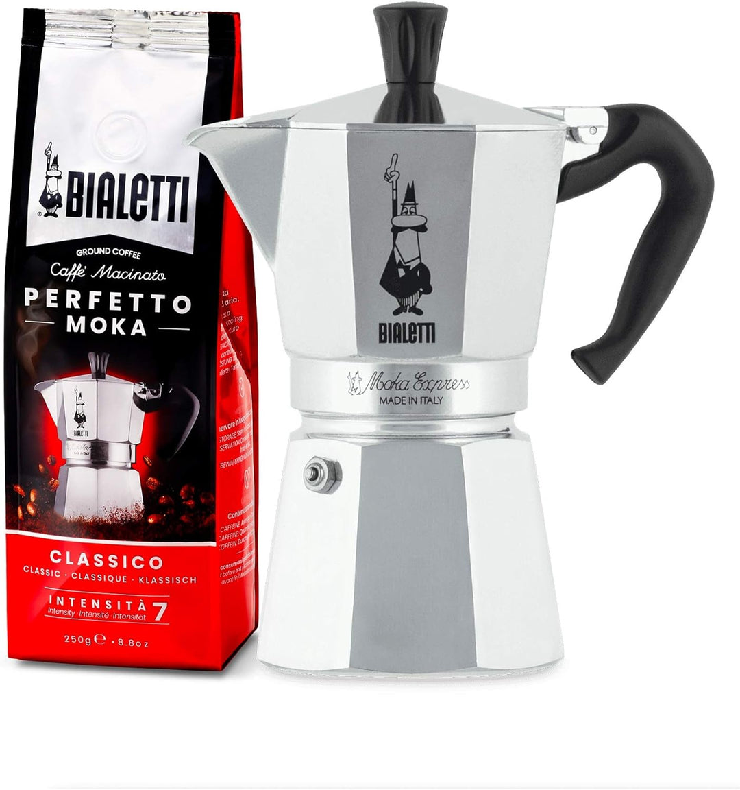 Bialetti Moka Express Espressokocher, Aluminium, Grau, 6 Tassen Perfetto Moka (der ideale Kaffee für