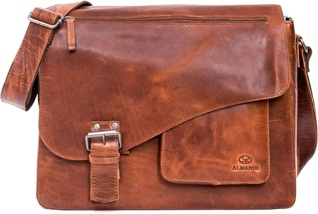 ALMADIH Leder Umhängetasche JON No.2 Premium Rindsleder BD - Ledertasche mit Laptop Fach 15 Zoll Akt