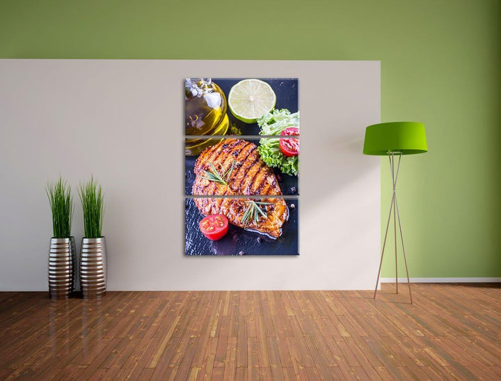 Grillmeister Steak als 3-Teiler Leinwandbild 120x80 Bild auf Leinwand, XXL riesige Bilder fertig ger