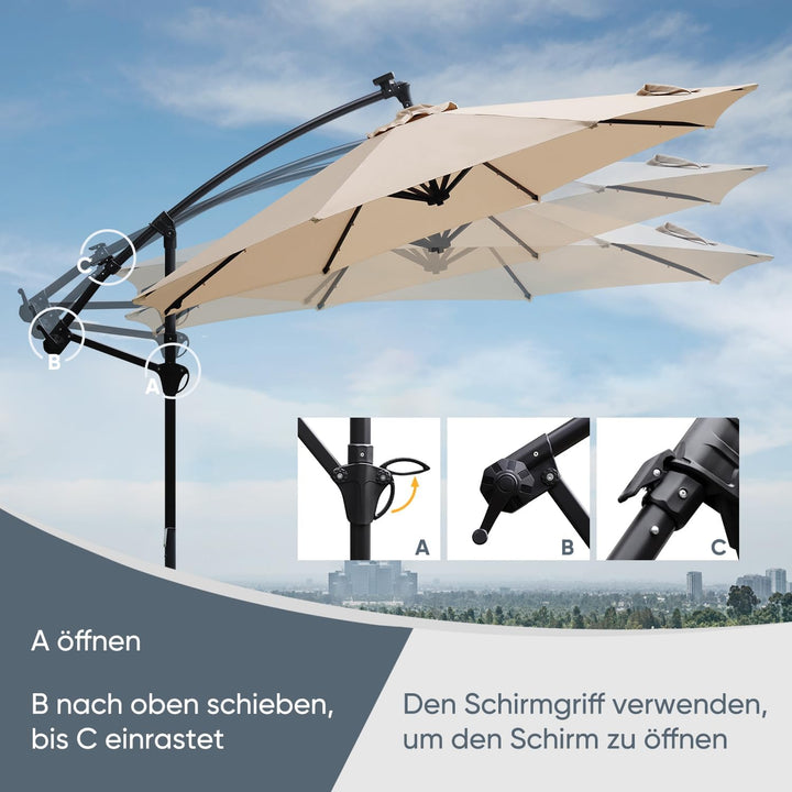 Sekey® LED Solar Ampelschirm 300cm LED Sonnenschirm-Solarbetrieben - UV50+ Sonnenschutz - Robust und