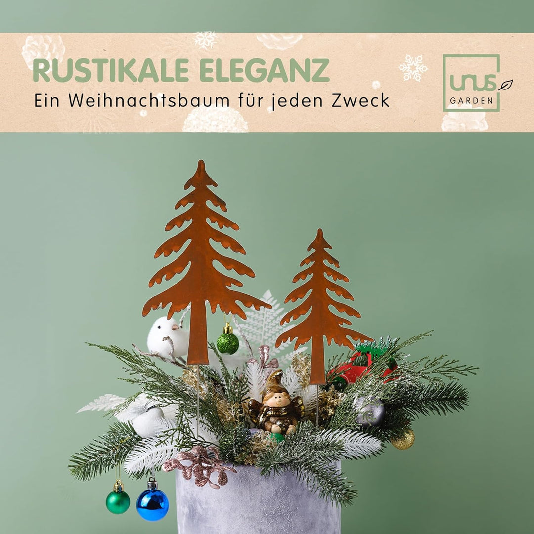 UNUS Gartenstecker Weihnachten Tannenbaum, 2er Set, Metallstecker Garten Rost, Gartendeko Rostoptik,
