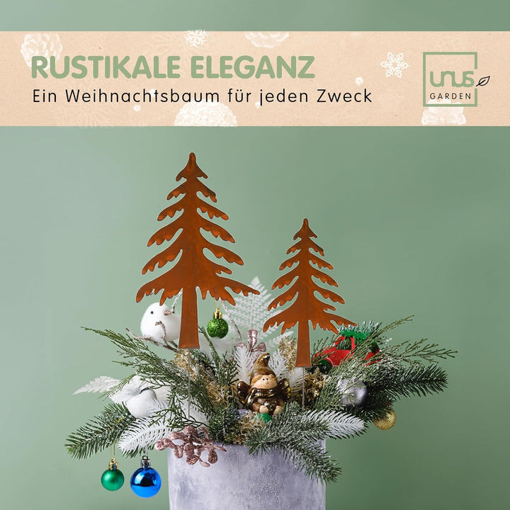 UNUS Gartenstecker Weihnachten Tannenbaum, 2er Set, Metallstecker Garten Rost, Gartendeko Rostoptik,