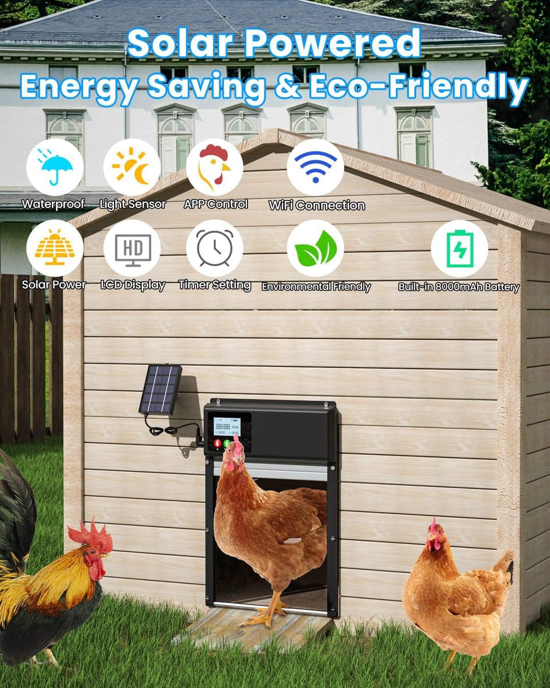 Verbesserte 3in1 Automatische Hühnerklappe Solar, WLAN-Fernbedienung, automatischer Hühnerklappe Hüh