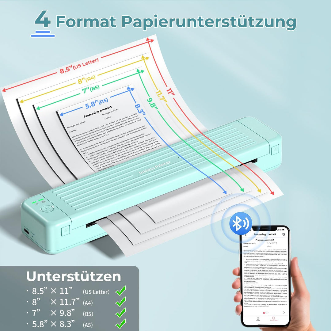 ASprink Mobiler Drucker A4 für Unterwegs, Tragbarer Drucker Thermodrucker A4 P831 für US Letter/A4/B