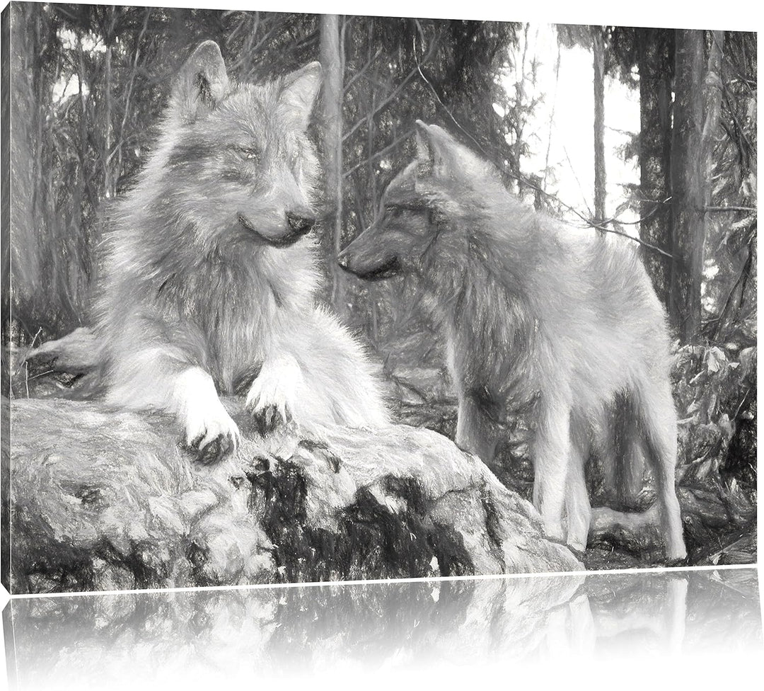 Pixxprint Wölfe im Wald Kunst / 100x70cm Leinwandbild bespannt auf Holzrahmen/Wandbild Kunstdruck De