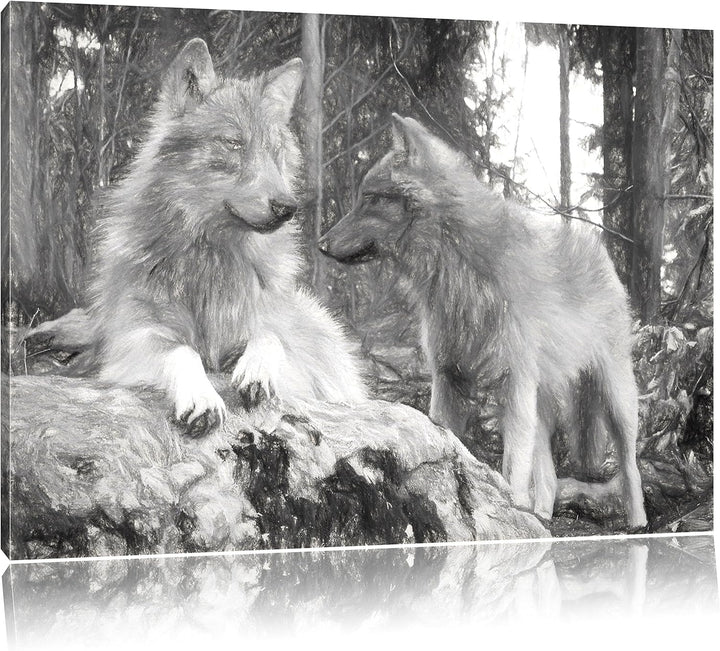Pixxprint Wölfe im Wald Kunst / 100x70cm Leinwandbild bespannt auf Holzrahmen/Wandbild Kunstdruck De