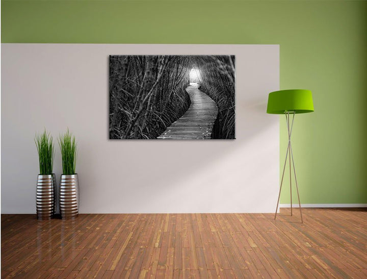 Gehweg im Wald Kunst B&W, Format: 100x70 auf Leinwand, XXL riesige Bilder fertig gerahmt mit Keilrah