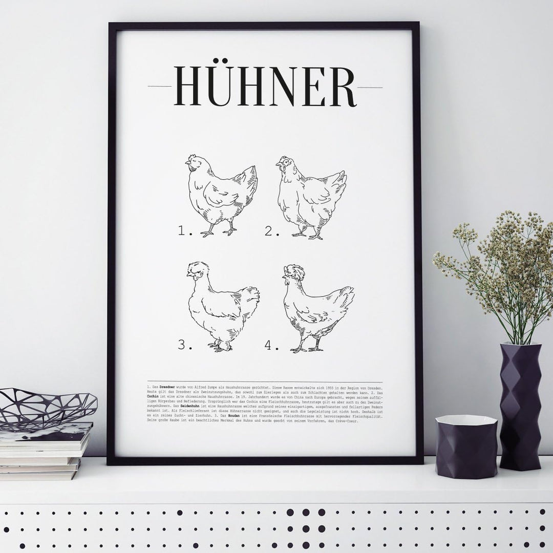 JUNIWORDS Poster mit/ohne Holzrahmen - Wähle ein Motiv - Hühner - Wähle eine Grösse - 40 x 60 cm (L)