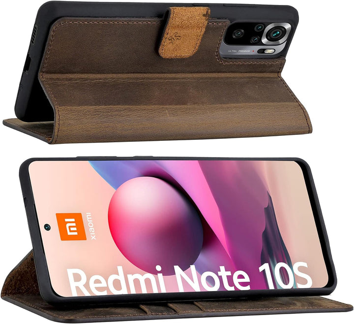 Suncase Book-Style Hülle kompatibel mit Xiaomi Redmi Note 10S Leder Tasche (Slim-Fit) Lederhülle Han