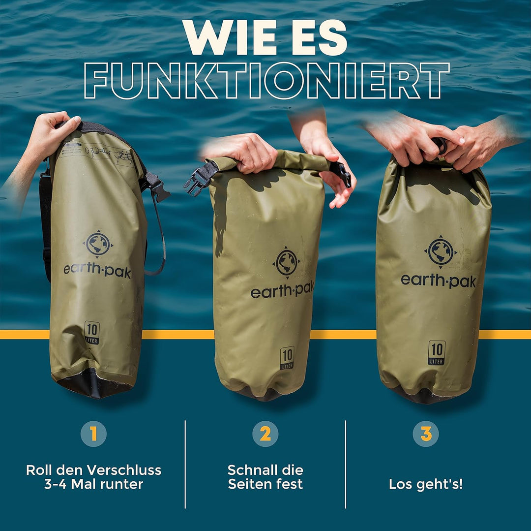 Earth Pak – Wasserdichter Packsack mit Schultergurt und wasserfester Handyhülle – Ideale Rolltop Tas