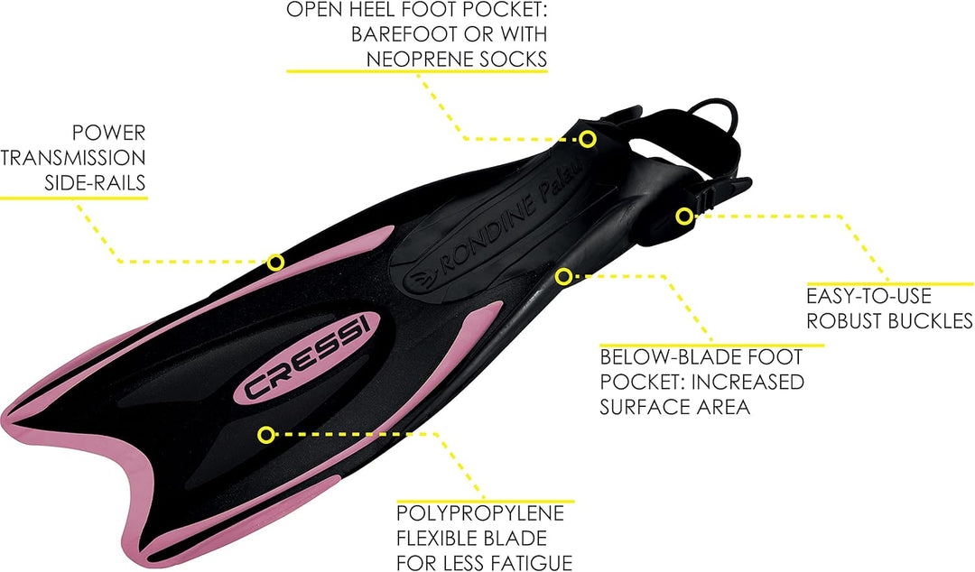 Cressi Verstellbare Schnorchel, für alle Familie, Lange Blade mit offenem Absatz, Palau LAF Made in