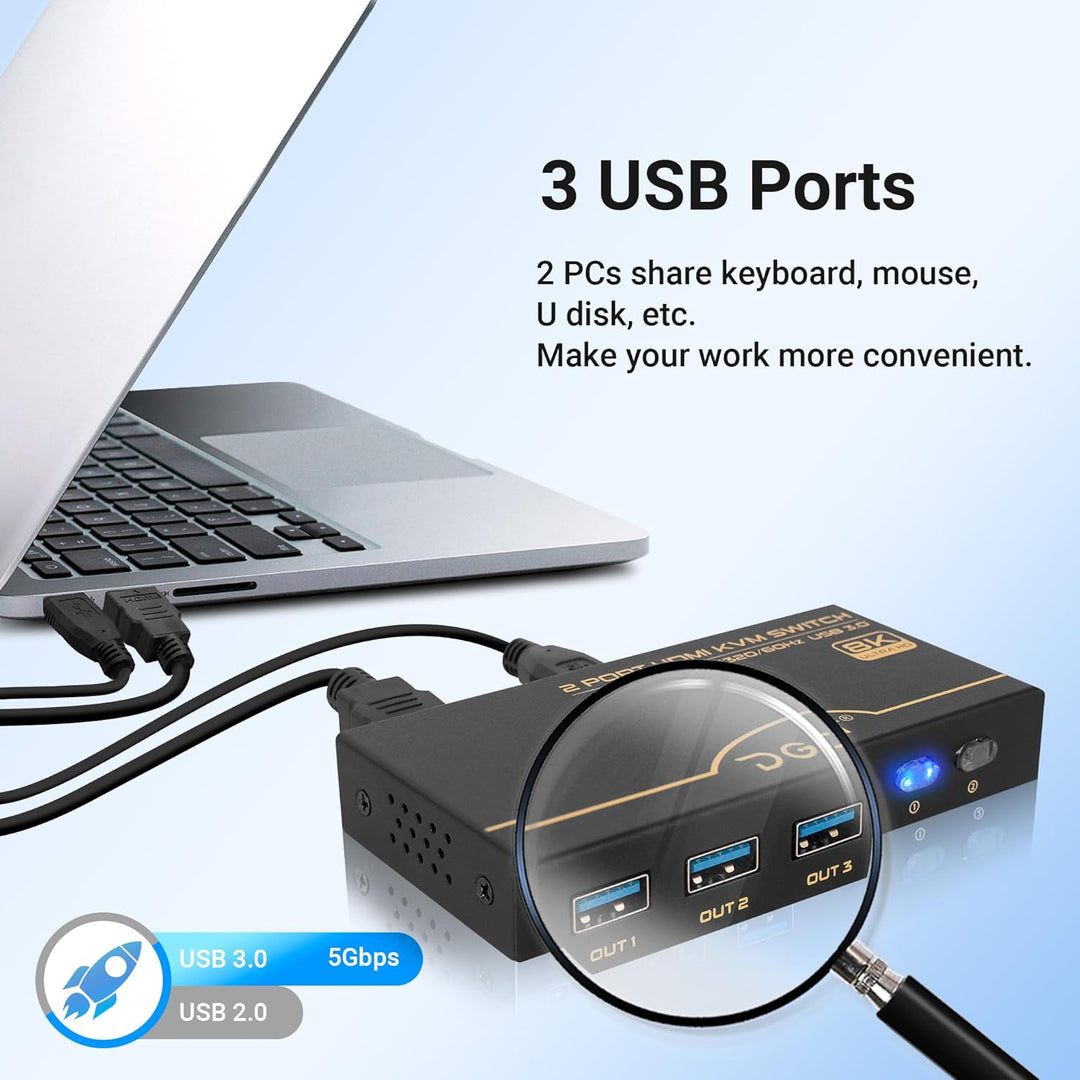 8K 60Hz HDMI 2.1 KVM Switch 4K 120Hz, 2 Port Box KVM Switch mit USB 3.0 für 2 Computer 1 Monitor, di