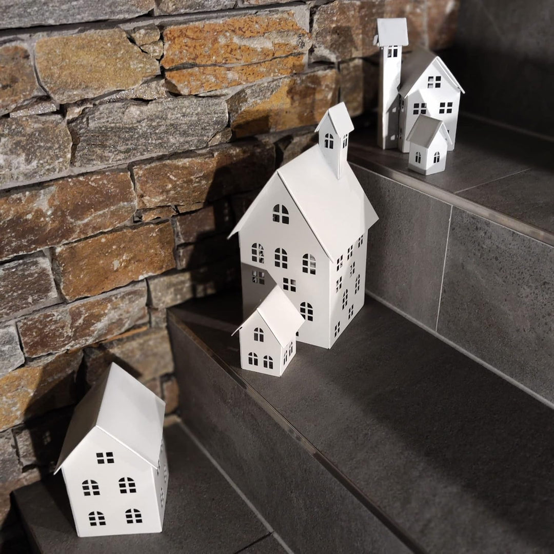 UNUS Deko Häuser 5er Set, Lichthäuser aus Metall, in Weiss, Herbstdeko Outdoor, Weihnachtsdorf für G