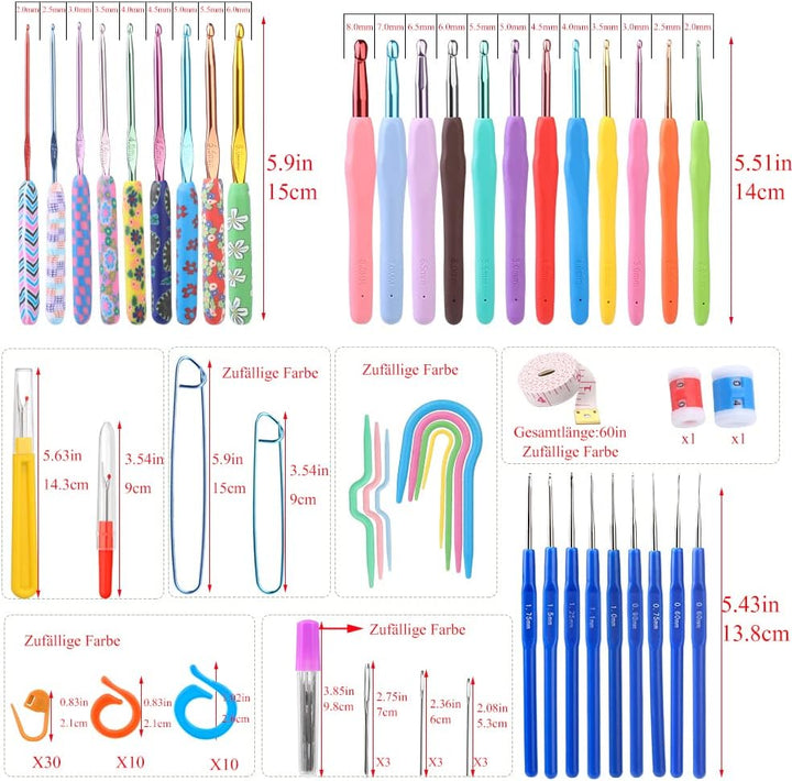 106 Stücke Häkelnadeln Set mit Aufbewahrungstasche, Weiche Griff Crochet Hooks Set, Ton Häkelnadeln,