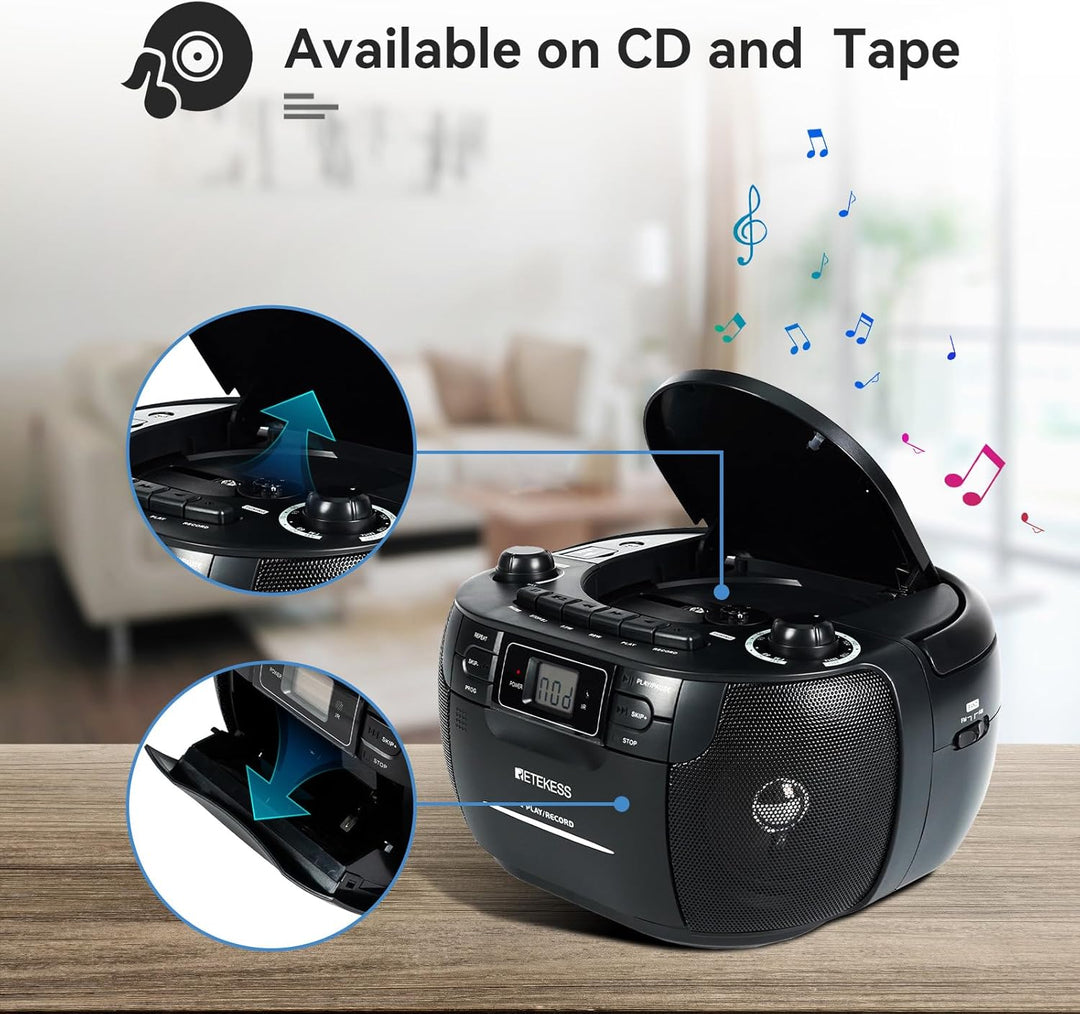 Retekess TR621 Tragbares CD Radio,Kassettenspieler CD,Stereo mit AM FM-Radio,Kassettenrekorder,Unter
