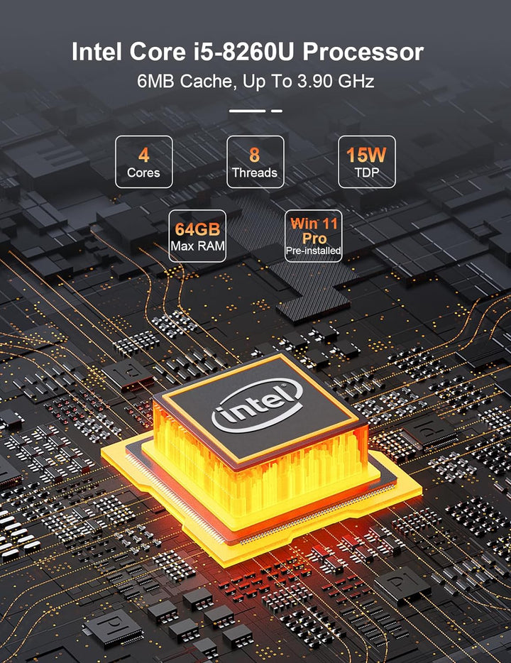 Baieyu Industrie PC Lüfterlos, Core i5-8260U with 8 GB RAM 256 GB SSD Mini Computer, 4K Triple Displ