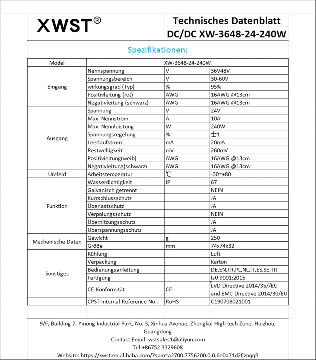 XWST DC DC 36V 48V auf 24V Spannungsregler 10A 240W Wechselrichter 20-60V zu 24V Abwärtstransformato