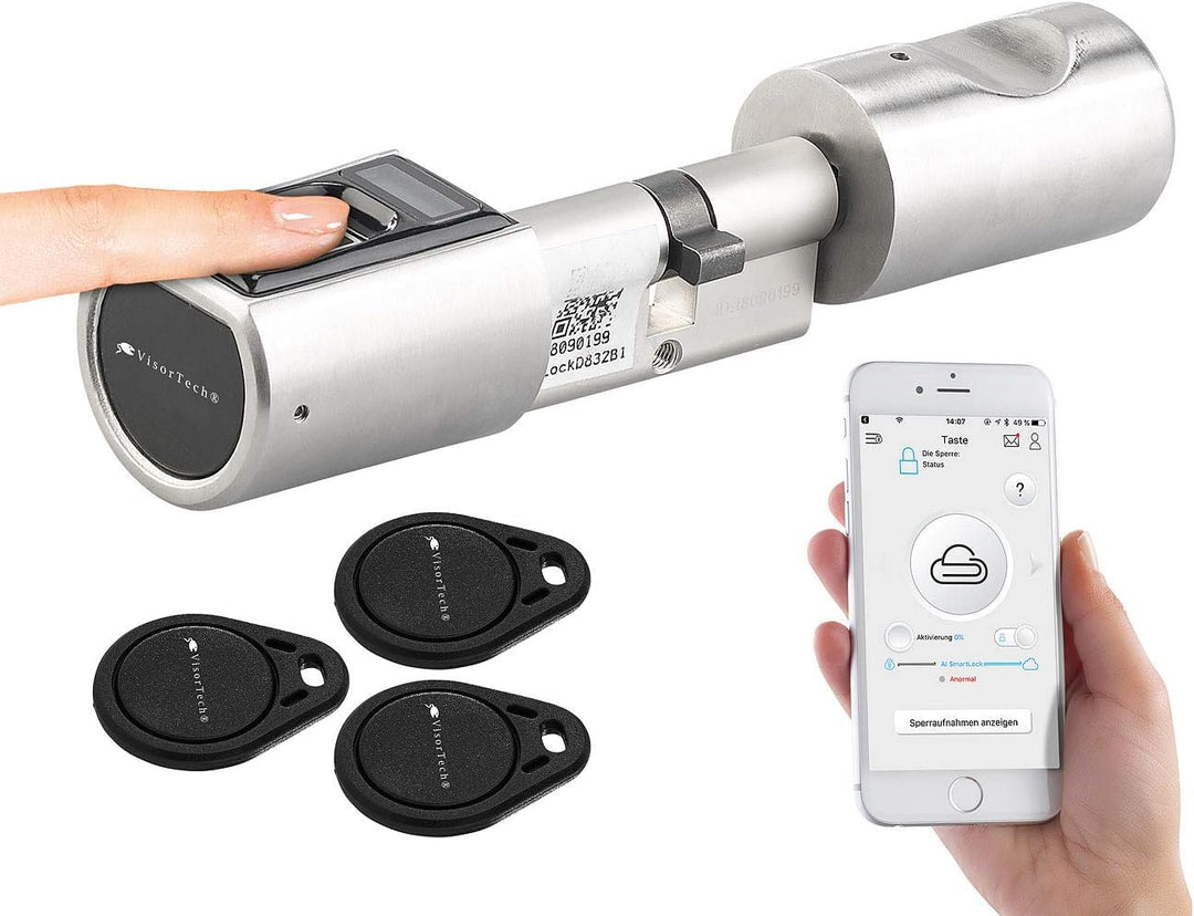 VisorTech Fingerabdruck Schloss: Elektronischer Tür-Schliesszylinder, Fingerabdruck, Transponder, IP