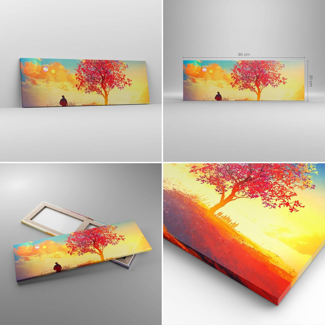 Panorama Bilder auf Leinwand Baum Wiese Feld Leinwandbild mit Rahmen 90x30cm Wandbilder Dekoration W