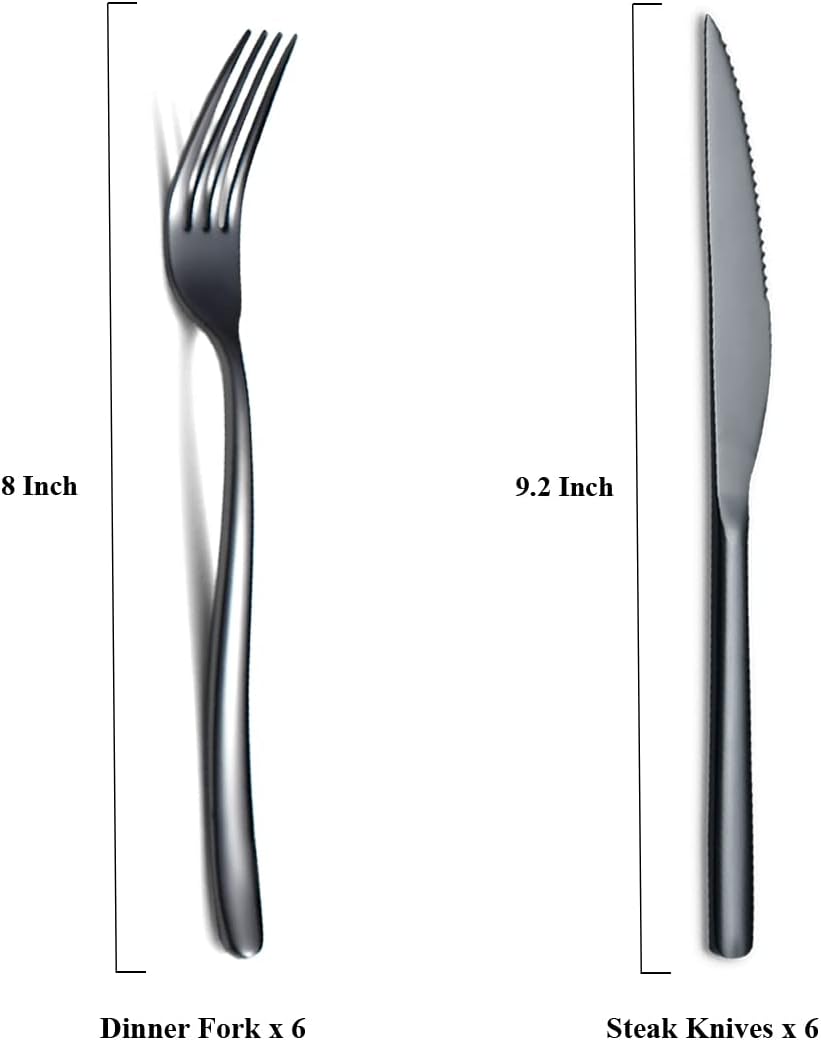 HOMQUEN Schwarzes Steak Besteckset 12-Teilig, Premium-Edelstahl 6 Tafelgabeln und 6 Tafelmesser-Set,