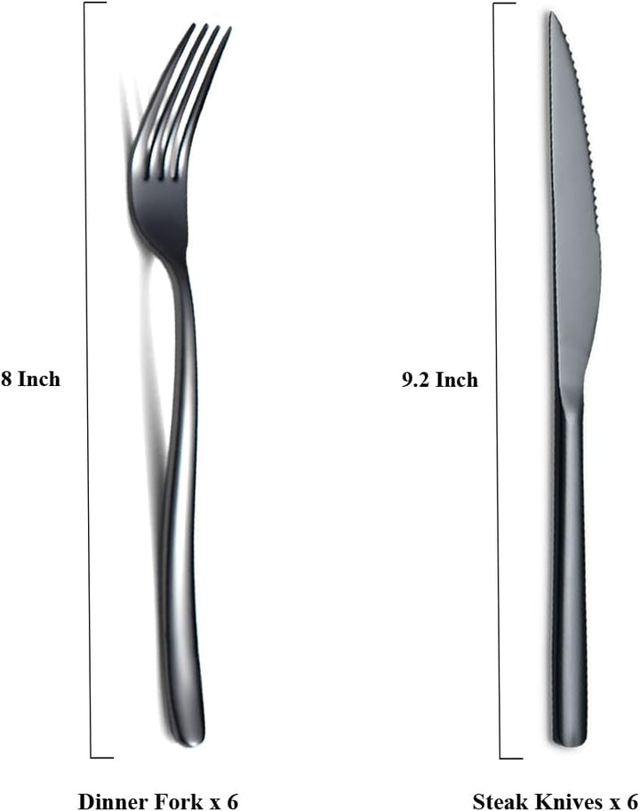 HOMQUEN Schwarzes Steak Besteckset 12-Teilig, Premium-Edelstahl 6 Tafelgabeln und 6 Tafelmesser-Set,