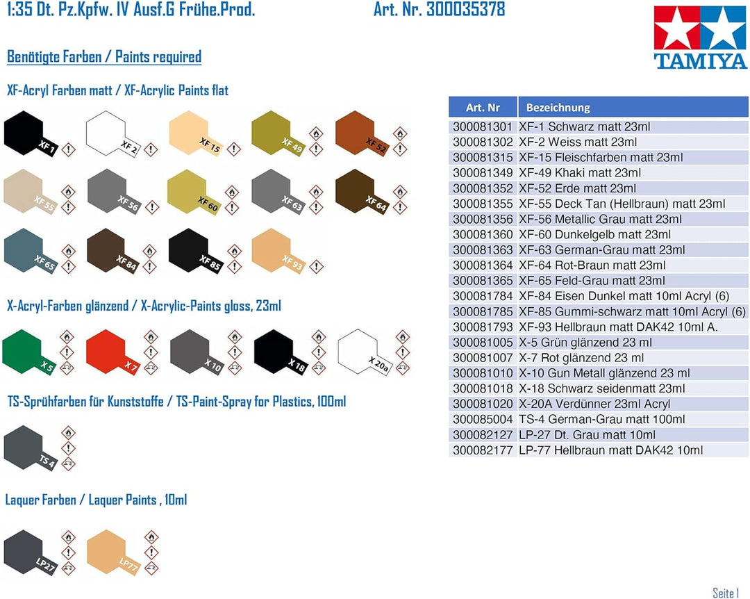 Tamiya 35378-000 Militär 35378 1:35 Dt. Pz.Kpfw. IV AUSF.G Frühe.Prod. -Originalgetreue Nachbildung,