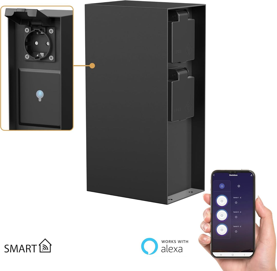 ledscom.de Garten Steckdosensäule POMI, Outdoor, IP44, Smart Home, WLAN, Alexa, 3-fach, schwarz, eck