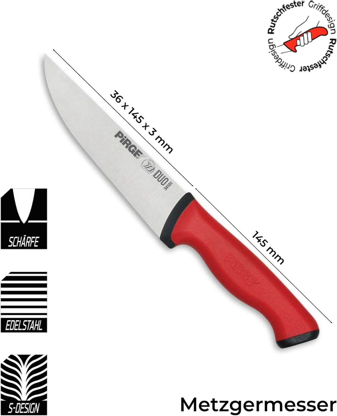 Pirge Duo Metzgermesser 14,5 cm Rot Schlachtermesser - Fleischermesser - Stechmesser - Exzellenter S