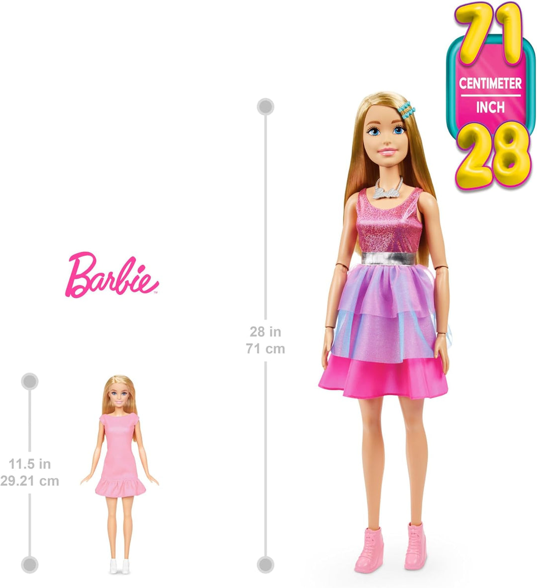 BARBIE Extragrosse Puppe (71 cm) - Pinkes Kleid, Blonde Haare mit Haarspange und Kette, Geschenk für